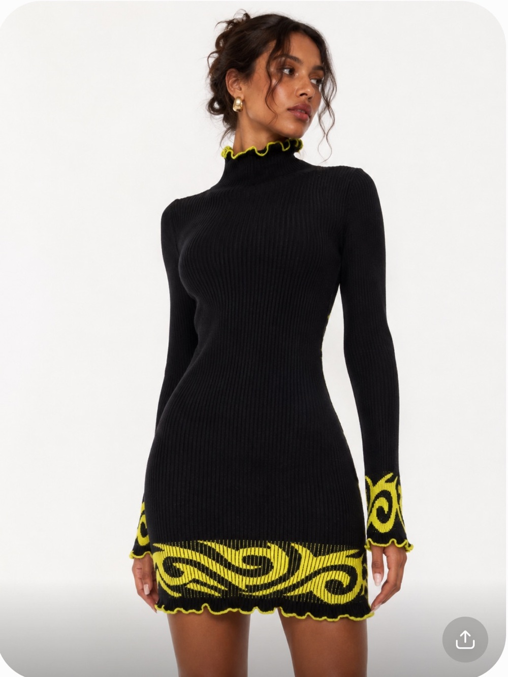 JOOSTRICOT Merino Wool Black & Yellow Ribbed Knit Long-Sleeve Dress